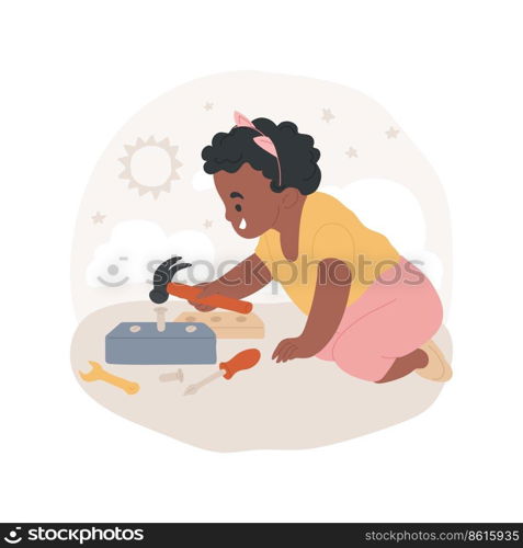 Using tools isolated cartoon vector illustration. Child using tool set, play with toy hammer, real screwdriver for kids, practical life, montessori method, practical learning vector cartoon.. Using tools isolated cartoon vector illustration.