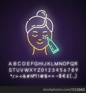 Using undereye cream neon light icon. Skin care procedure. Beauty treatment. Eye makeup product. Dermatology, cosmetics. Glowing sign with alphabet, numbers and symbols. Vector isolated illustration