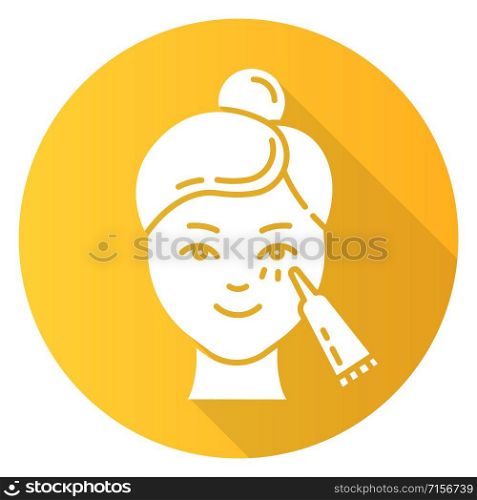 Using undereye cream yellow flat design long shadow glyph icon. Skin care procedure. Facial beauty treatment. Lifting and exfoliating effect. Eye makeup product. Vector silhouette illustration