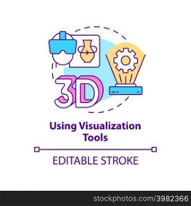 Using visualization tools concept icon. Augmented reality. Tech macro trends abstract idea thin line illustration. Isolated outline drawing. Editable stroke. Arial, Myriad Pro-Bold fonts used. Using visualization tools concept icon