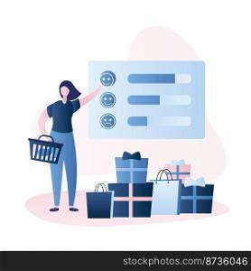 ?ustomer satisfaction,online shop with shopping bags and gifts,female character in trendy simple style,vector illustration