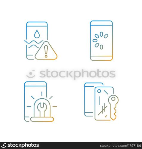 Usual mobile phone problems gradient linear vector icons set. Connection issue. Water damage. Scratched case. Thin line contour symbols bundle. Isolated vector outline illustrations collection. Usual mobile phone problems gradient linear vector icons set