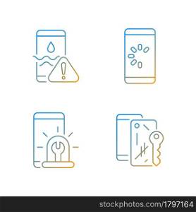 Usual mobile phone problems gradient linear vector icons set. Connection issue. Water damage. Scratched case. Thin line contour symbols bundle. Isolated vector outline illustrations collection. Usual mobile phone problems gradient linear vector icons set