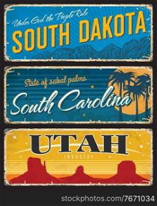 Utah, South Dakota and Carolina states shabby plates. America region retro sign, old plaque with mountain peaks, palm trees and grand canyon, vintage typography vector. USA travel souvenir rusty plate. Utah, South Dakota and Carolina state shabby plate