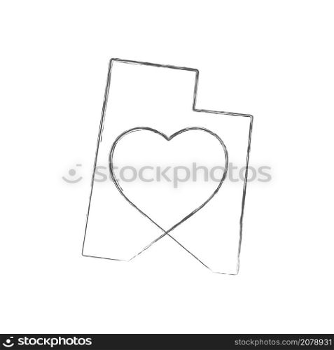 Utah US state hand drawn pencil sketch outline map with heart shape. Continuous line drawing of patriotic home sign. A love for a small homeland. T-shirt print idea. Vector illustration.. Utah US state hand drawn pencil sketch outline map with the handwritten heart shape. Vector illustration