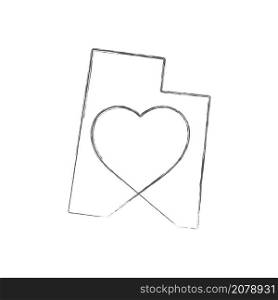 Utah US state hand drawn pencil sketch outline map with heart shape. Continuous line drawing of patriotic home sign. A love for a small homeland. T-shirt print idea. Vector illustration.. Utah US state hand drawn pencil sketch outline map with the handwritten heart shape. Vector illustration