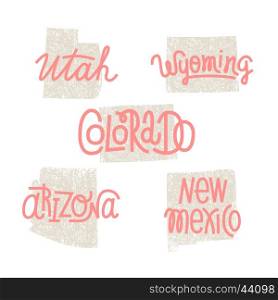 Utah, Wyoming, Colorado, Arizona, New Mexico USA state outline art with custom lettering for prints and crafts. United states of America wall art of individual states