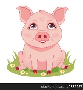  ute pretty pig on a meadow. Stock vector illustration isolated on white background in flat cartoon style..  ute pretty pig on a meadow.Kids illustration.