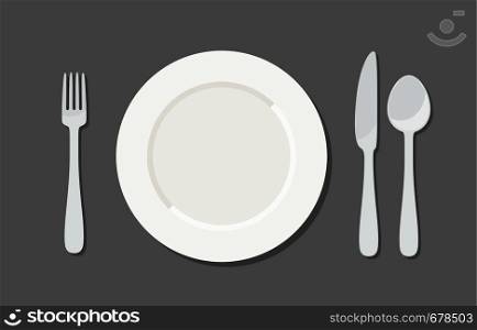 Utensil in flat style. Illustration with plate, knife, fork and spoon. Utensil in flat style