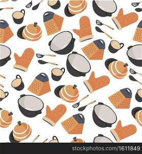 Utensils for kitchen seamless pattern of kitchenware. Saucepan with spatula and mixing spoon, protective glove for baking, saucers and mugs. Grater and dishes for serving food vector in flat. Kitchenware seamless pattern, saucepan with gloves and spatula