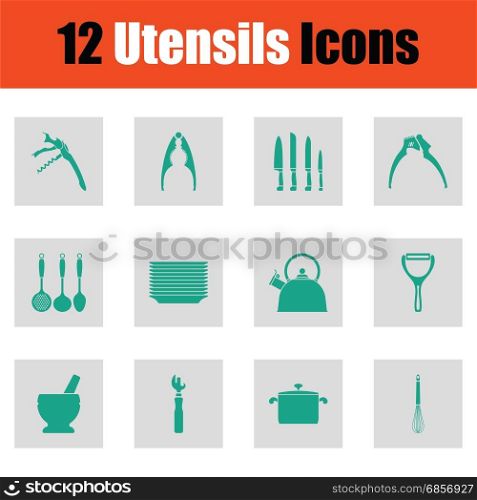 Utensils icon set. Utensils icon set. Green on gray design. Vector illustration.
