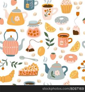 Utensils pattern. Tea time cozy items cups teapots and dishes illustrations for textile design projects recent vector seamless template of pattern cup and teapot, doodle background. Utensils pattern. Tea time cozy items cups teapots and dishes illustrations for textile design projects recent vector seamless template
