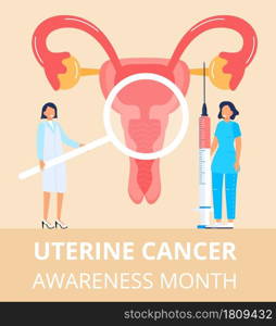 Uterine cancer awareness month concept vector for medical website. Event is celebrsted in September. Tiny doctors examine uterus with magnifier to treat cervical cancer.. Uterine cancer awareness month concept vector for medical website.