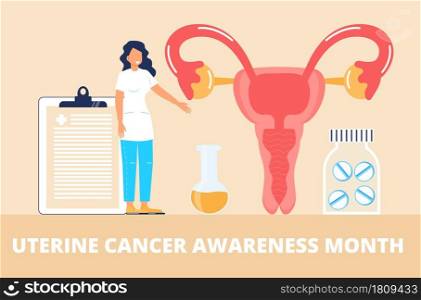 Uterine cancer awareness month concept vector for medical website. Event is celebrsted in September. Tiny doctors examine uterus with magnifier to treat cervical cancer.. Uterine cancer awareness month concept vector for medical website.
