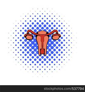 Uterus and ovaries icon in comics style on a white background. Organs of female reproductive system. Uterus and ovaries icon, comics style