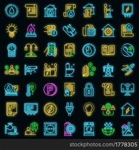Utilities icons set. Outline set of utilities vector icons neon color on black. Utilities icons set vector neon