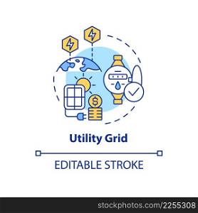 Utility grid concept icon. Solar energy system. Power purchase agreements abstract idea thin line illustration. Isolated outline drawing. Editable stroke. Arial, Myriad Pro-Bold fonts used. Utility grid concept icon