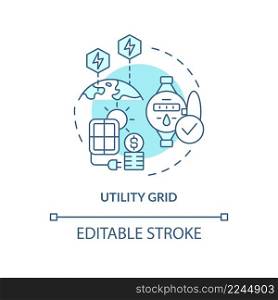 Utility grid turquoise concept icon. Solar energy system. Power purchase agreements abstract idea thin line illustration. Isolated outline drawing. Editable stroke. Arial, Myriad Pro-Bold fonts used. Utility grid turquoise concept icon