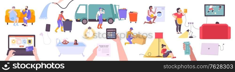 Utility services set with flat icons of community facilities infrastructure elements human characters and payment bills vector illustration