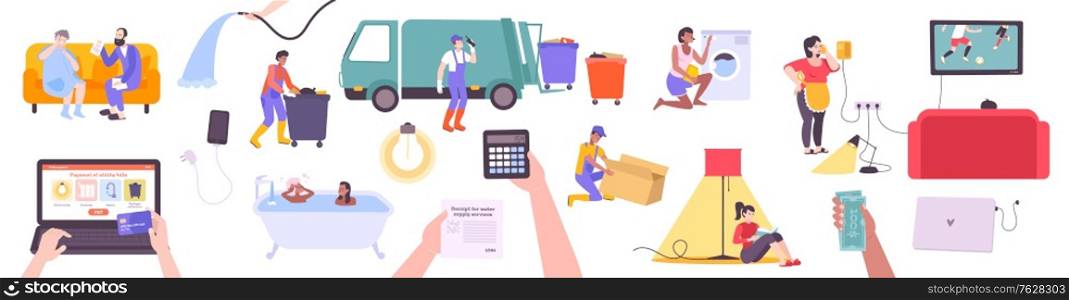 Utility services set with flat icons of community facilities infrastructure elements human characters and payment bills vector illustration