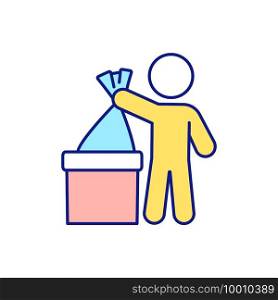 Utilization of rubbish in home blue RGB color icon. Freeing up storage space. Trash putting in container. Decluttering and cleaning-out. Clutter of trash. Isolated vector illustration. Utilization of rubbish in home blue RGB color icon