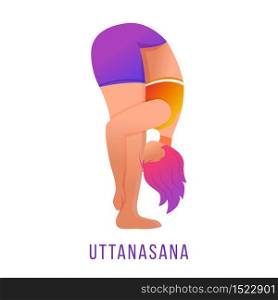 Uttanasana flat vector illustration. Standing forward bend. Caucausian woman doing yoga in orange and purple sportswear. Workout. Physical exercise. Isolated cartoon character on white background