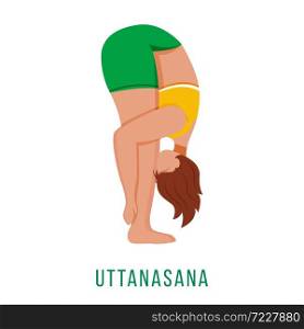 Uttanasana flat vector illustration. Standing forward bend. Caucausian woman performing yoga posture pose in green and yellow sportswear. Workout. Isolated cartoon character on white background. Uttanasana flat vector illustration