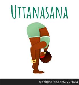Uttanasana social media post mockup. Standing forward bend. Woman doing yoga. Web banner design template. Social media booster, content layout. Poster, printable card with flat illustrations. Uttanasana social media post mockup