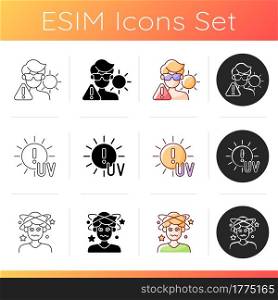 UV rays exposure risk icons set. Overexposure to sun. Danger of heatstroke during summer. Dizziness and confusion. Linear, black and RGB color styles. Isolated vector illustrations. UV rays exposure risk icons set