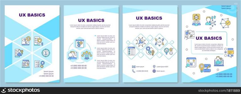 UX basics brochure template. Focus on users experience with product. Flyer, booklet, leaflet print, cover design with linear icons. Vector layouts for presentation, annual reports, advertisement pages. UX basics brochure template