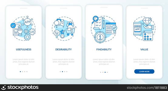 UX basics onboarding mobile app page screen. Customer desirable solution walkthrough 4 steps graphic instructions with concepts. UI, UX, GUI vector template with linear color illustrations. UX basics onboarding mobile app page screen