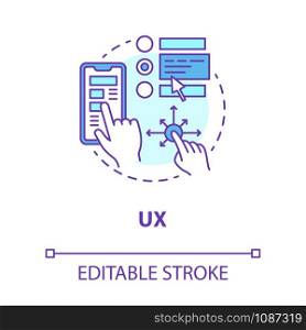 UX concept icon. Software development tools idea thin line illustration. Graphic interface for better user experience. Mobile device app programming. Vector isolated outline drawing. Editable stroke