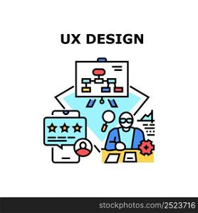 Ux Design Process Vector Icon Concept. Designer Planning Strategy On Board, Researching Documentation And Developing Ux Design. User Review In Smartphone Application Color Illustration. Ux Design Process Vector Concept Illustration