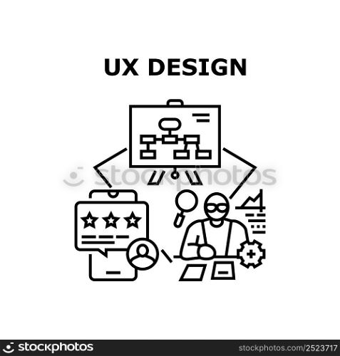 Ux Design Process Vector Icon Concept. Designer Planning Strategy On Board, Researching Documentation And Developing Ux Design. User Review In Smartphone Application Black Illustration. Ux Design Process Vector Concept Illustration
