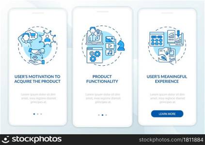 UX improvement onboarding mobile app page screen. User motivation to purchase walkthrough 3 steps graphic instructions with concepts. UI, UX, GUI vector template with linear color illustrations. UX improvement onboarding mobile app page screen