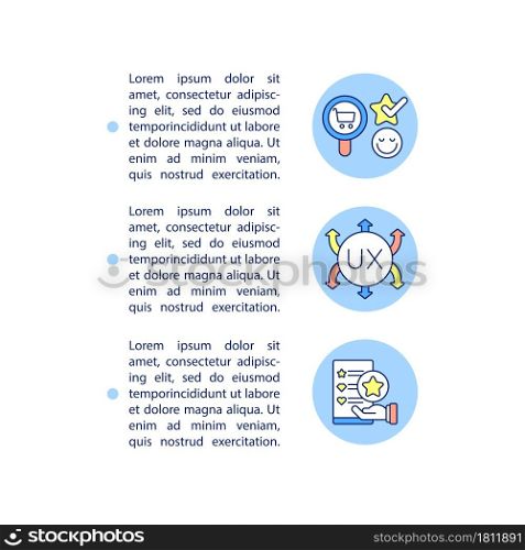 UX relevance concept line icons with text. PPT page vector template with copy space. Brochure, magazine, newsletter design element. Product success. User satisfaction linear illustrations on white. UX relevance concept line icons with text