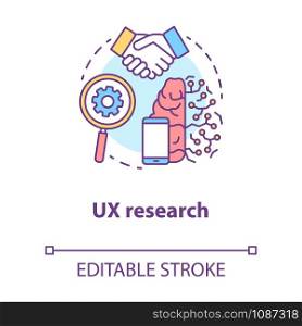 UX research concept icon. Software development idea thin line illustration. Gathering information from users. IT project. Service orchestration. Vector isolated outline drawing. Editable stroke