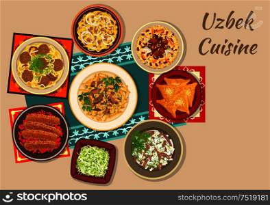 Uzbek cuisine dishes sign with meat pie samsa, kebab with pomegranate, pilaf with beans, pickled radish, egg omelet meat salad, radish salad with lamb, chickpea, meatball and beef soups with noodle. Uzbek cuisine dinner with asian dishes icon