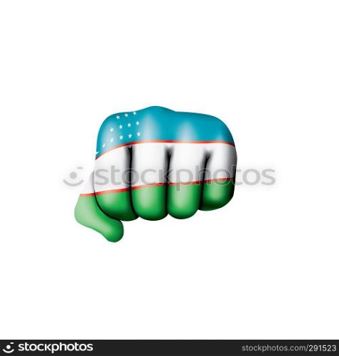 Uzbekistan flag and hand on white background. Vector illustration.. Uzbekistan flag and hand on white background. Vector illustration