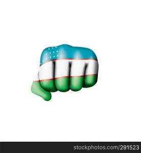 Uzbekistan flag and hand on white background. Vector illustration.. Uzbekistan flag and hand on white background. Vector illustration