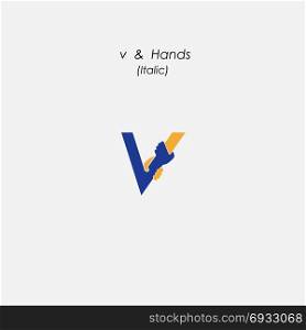 v - Letter abstract icon & hands logo design vector template.Business offer,partnership symbol.Hope,help concept.Support,teamwork sign.Corporate business & education logotype symbol.Vector illustration