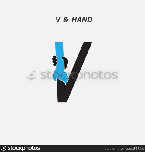 V- Letter abstract icon & hands logo design vector template.Italic style.Business offer,Partnership,Hope,Help,Support,Teamwork sign.Corporate business & education logotype symbol.Vector illustration