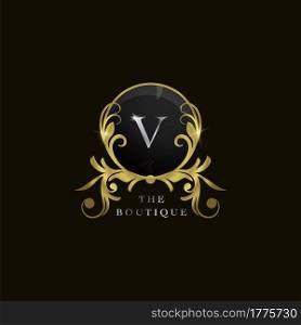 V Letter Golden Circle Shield Luxury Boutique Logo, vector design concept for initial, luxury business, hotel, wedding service, boutique, decoration and more brands.