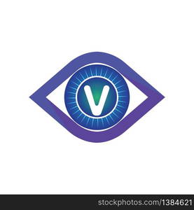 V letter in eye logo or symbol template design