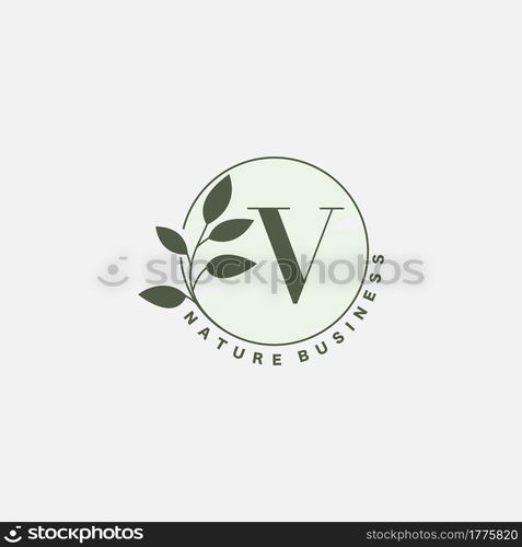 V Letter Logo Circle Nature Leaf, vector logo design concept botanical floral leaf with initial letter logo icon for nature business.