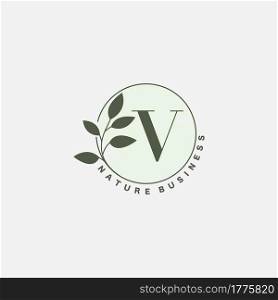 V Letter Logo Circle Nature Leaf, vector logo design concept botanical floral leaf with initial letter logo icon for nature business.