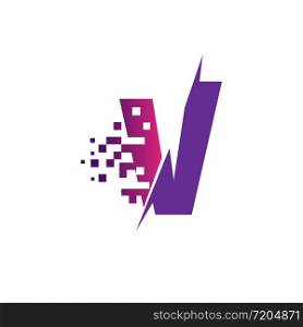 V Letter Logo Design with Digital Pixels in concept strokes