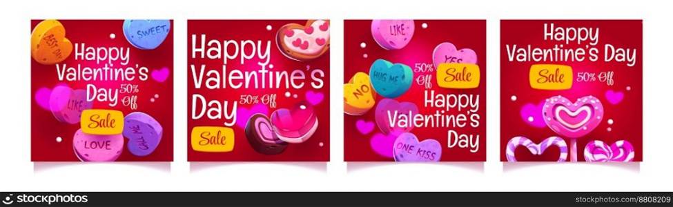 Va≤nti≠s Day sa≤ban≠r template. Cartoon vector illustration of promotion≤af≤t or poster with many colorful hearts on red background. Best prices for holiday shopπng. Marketing material design. Va≤nti≠s Day sa≤ban≠r template set