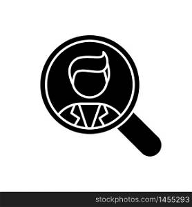 Vacancy black glyph icon. Hire employee. Recruit for position. Looking for human resources. Company search for candidate. Silhouette symbol on white space. Vector isolated illustration. Vacancy black glyph icon