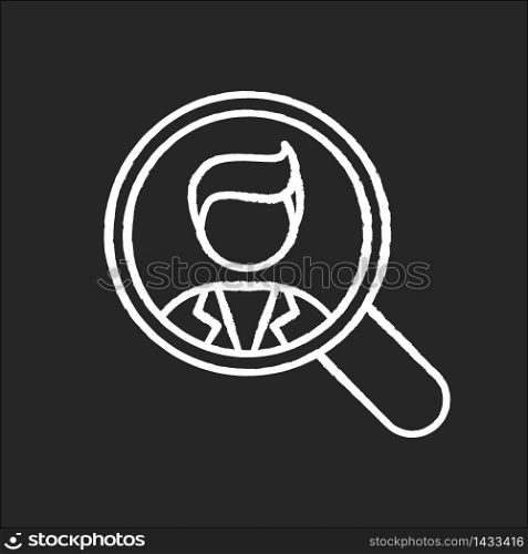 Vacancy chalk white icon on black background. Hire employee. Recruit for position. Looking for human resources. Company search for candidate. Isolated vector chalkboard illustration. Vacancy chalk white icon on black background